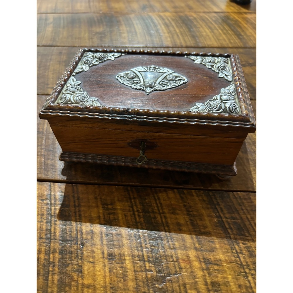 Antique Sterling Silver Mounted Jacaranda jewelry music box wth key